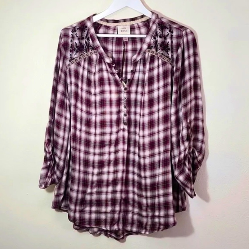 Knox Rose Plaid Tunic 3/4 Sleeve Size XL